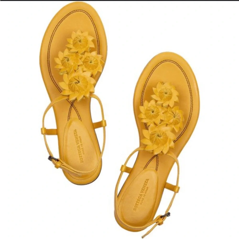 Bottega Veneta Yellow Leather Flower Cutout Sunset Flat Sandals 37 - Picture 1 of 7